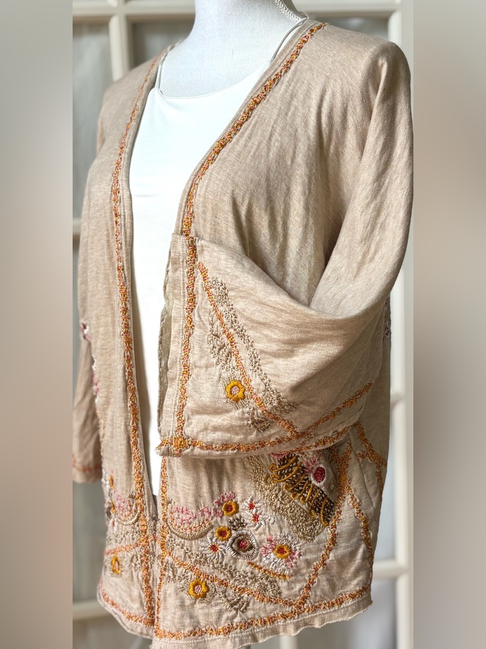 Biya Johnny Was Embroidered Linen Boho Jacket Floral Open XS - Picture 2 of 10